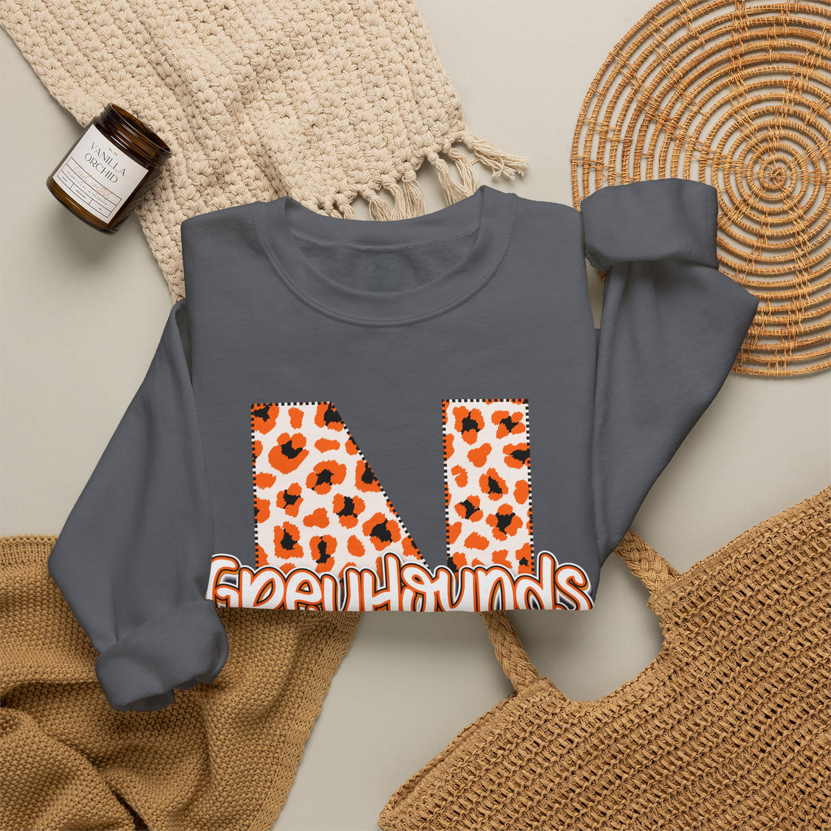 ADULT. Newport Greyhounds Leopard Print Letter N Crewneck Sweatshirt