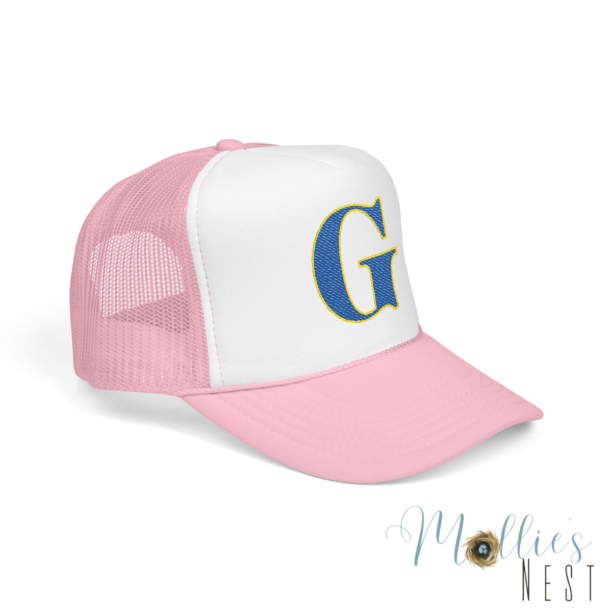 Embroidered Blue & Gold 'G' Trucker Hat — Monogram Letter Foam Cap - Gosnell