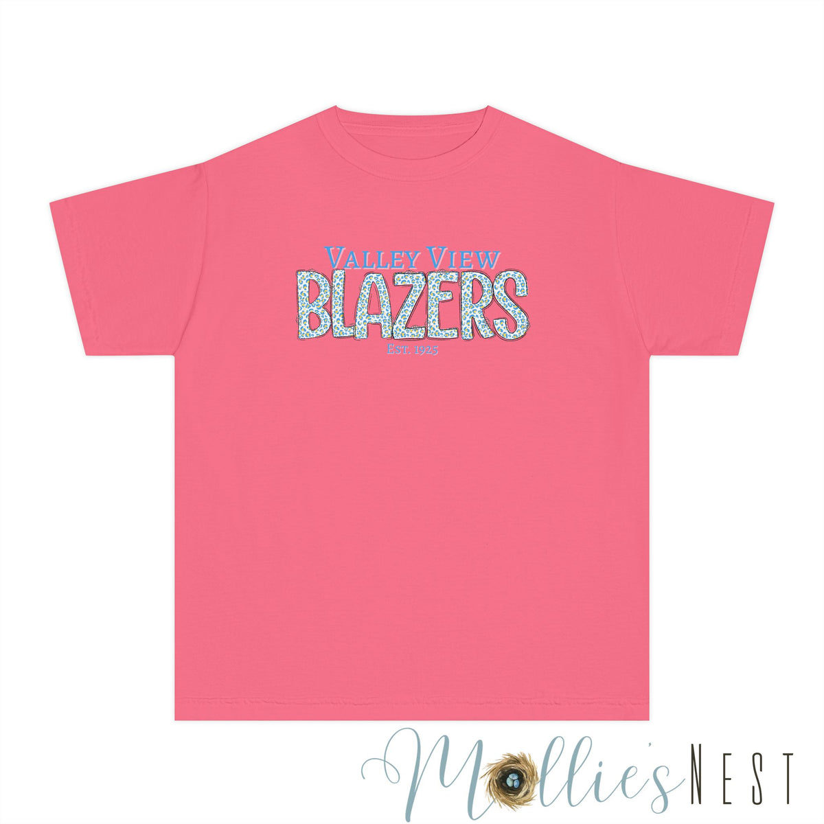 Valley View Blazers Youth Tee. Leopard Letters. Est.1925