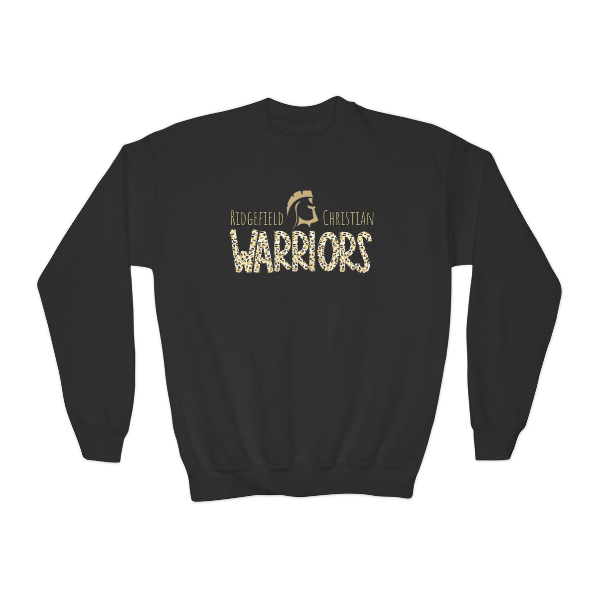 Youth Crewneck Sweatshirt — Ridgefield Christian Warriors Leopard Glitter Design