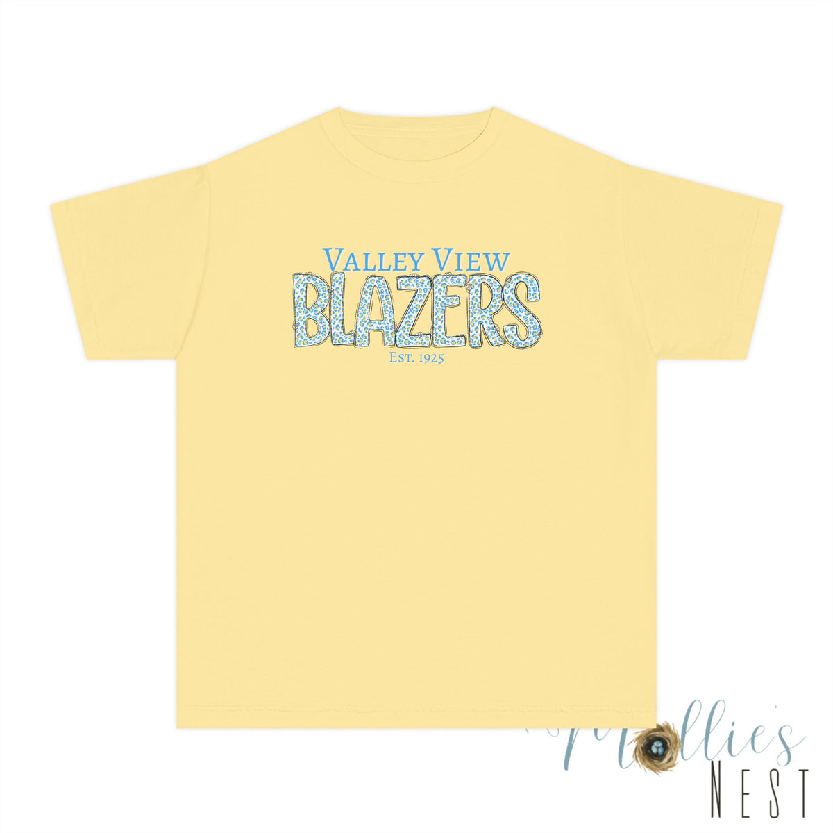 Valley View Blazers Youth Midweight Tee. Blue Leopard Letters