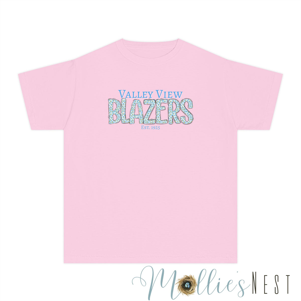 Valley View Blazers Youth Tee. Leopard Letters. Est.1925