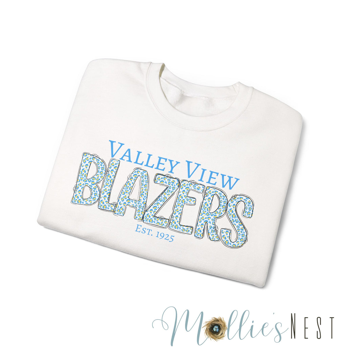 Valley View Blazers Crewneck Sweatshirt. Classic Blue Leopard