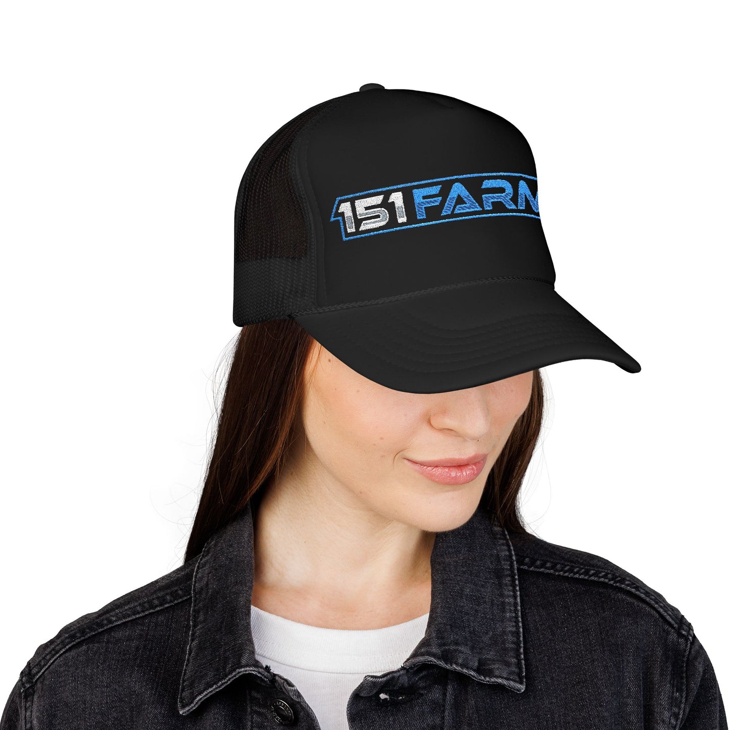 151 Farms Trucker Hat — Embroidered Blue Logo Foam Cap