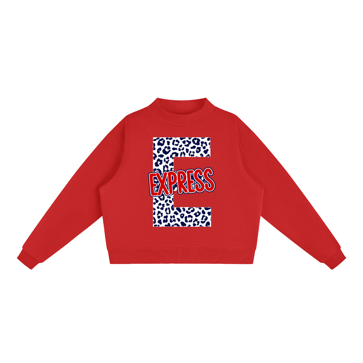 Express Baseabll. "E" Leopard Fleece Mock-Neck Crew Sweatshirt