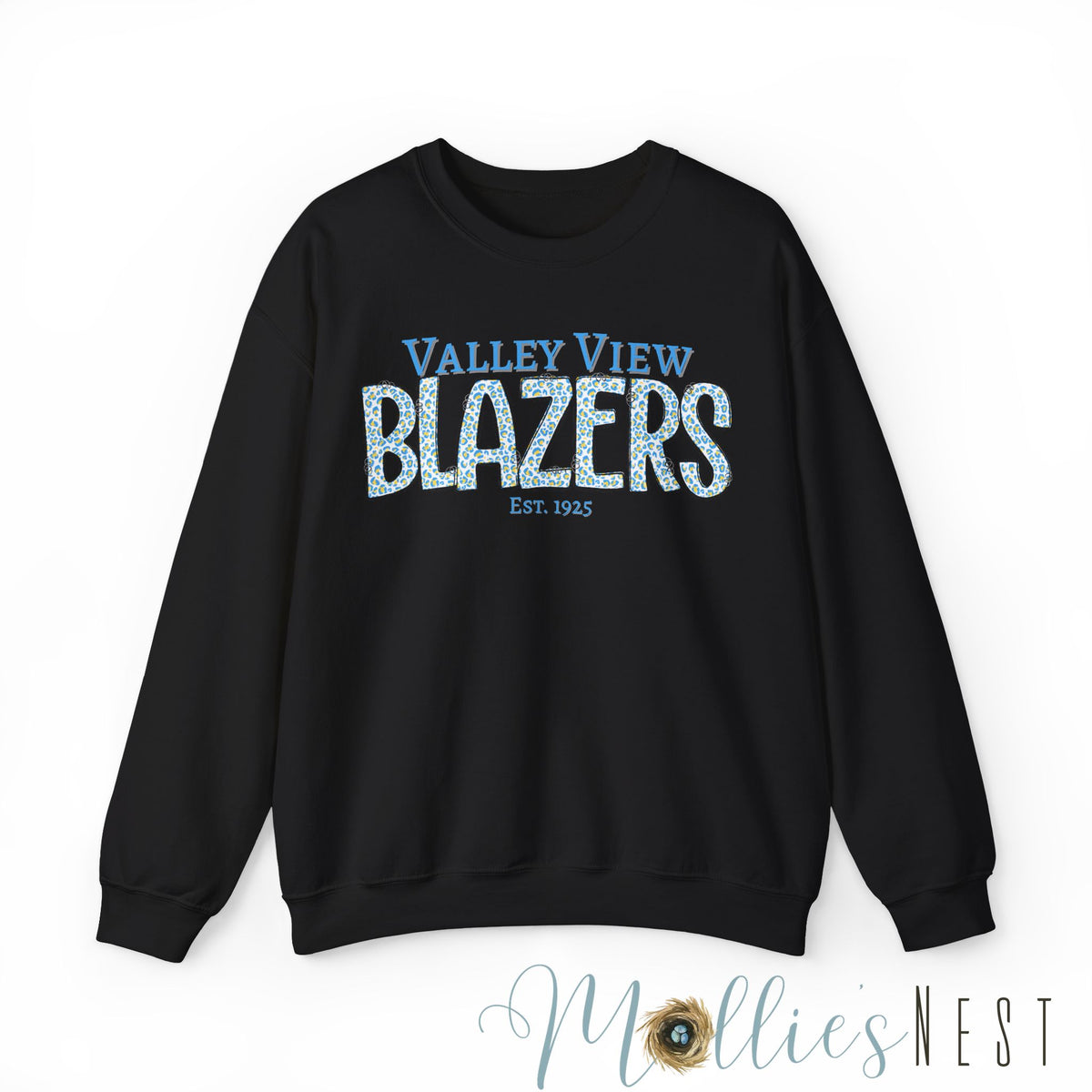 Valley View Blazers Crewneck Sweatshirt. Classic Blue Leopard