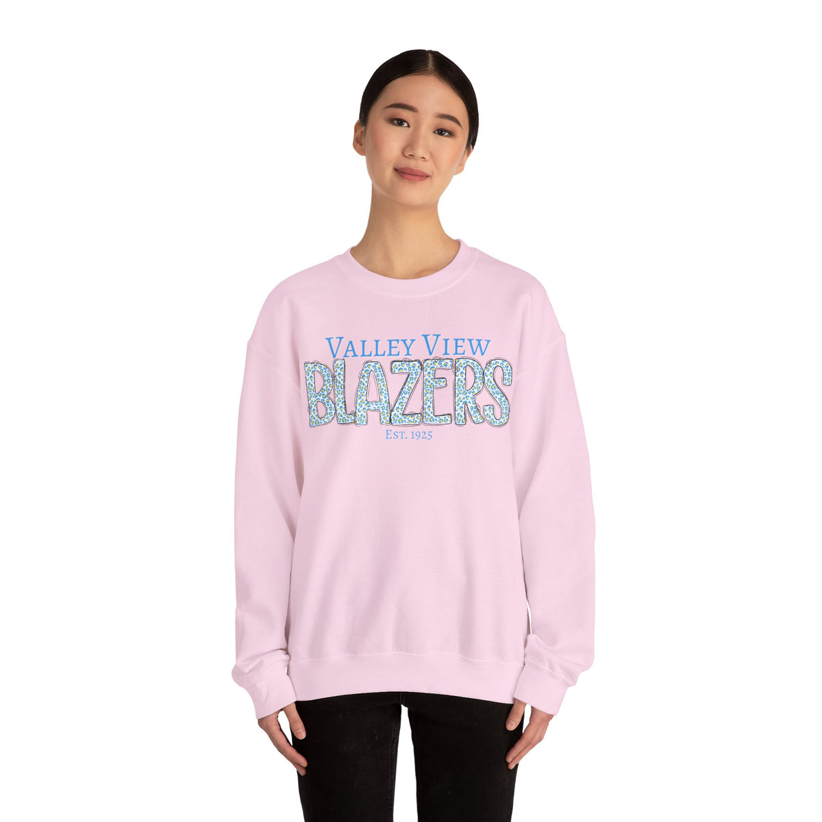 Valley View Blazers Crewneck Sweatshirt. Classic Blue Leopard