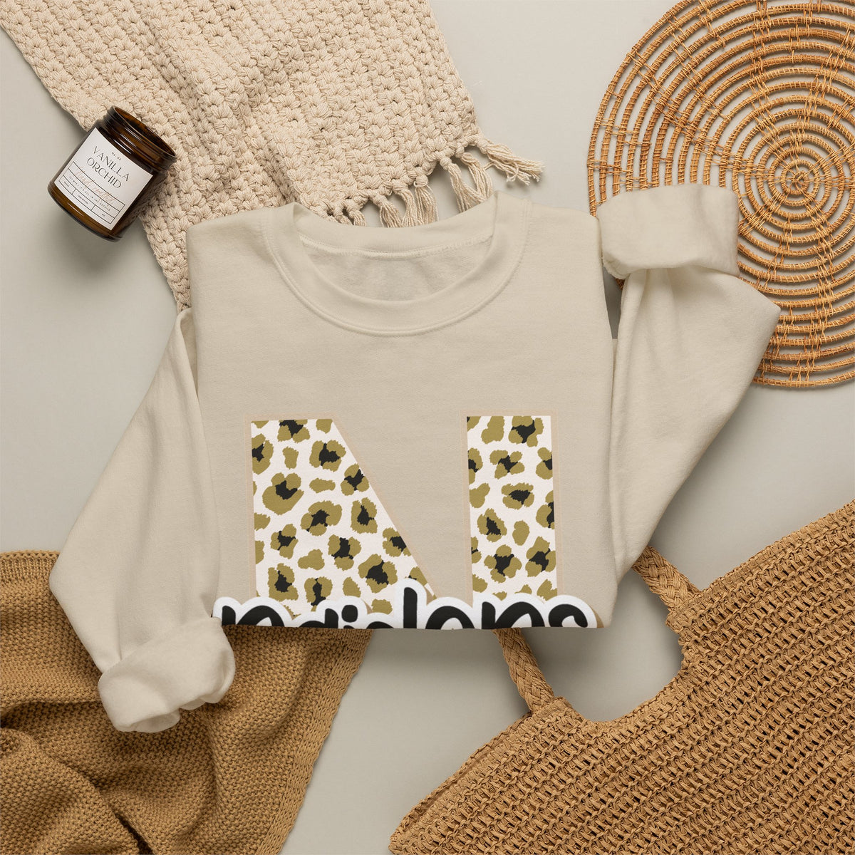 Nettleton Raiders Leopard Initial N Crewneck Sweatshirt. ADULT