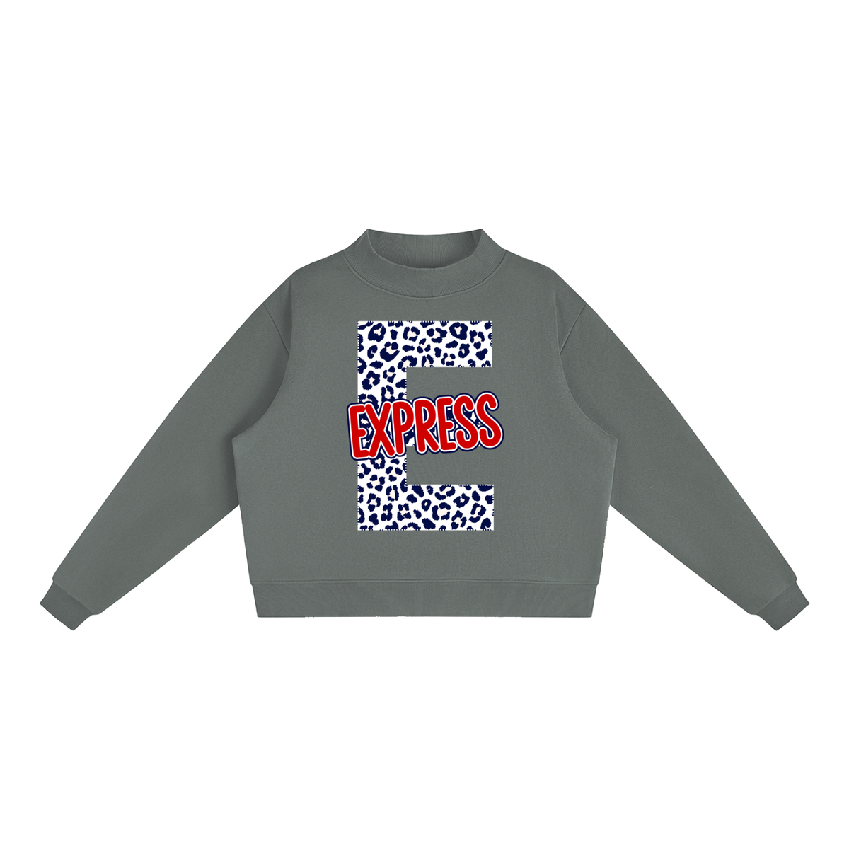Express Baseabll. "E" Leopard Fleece Mock-Neck Crew Sweatshirt