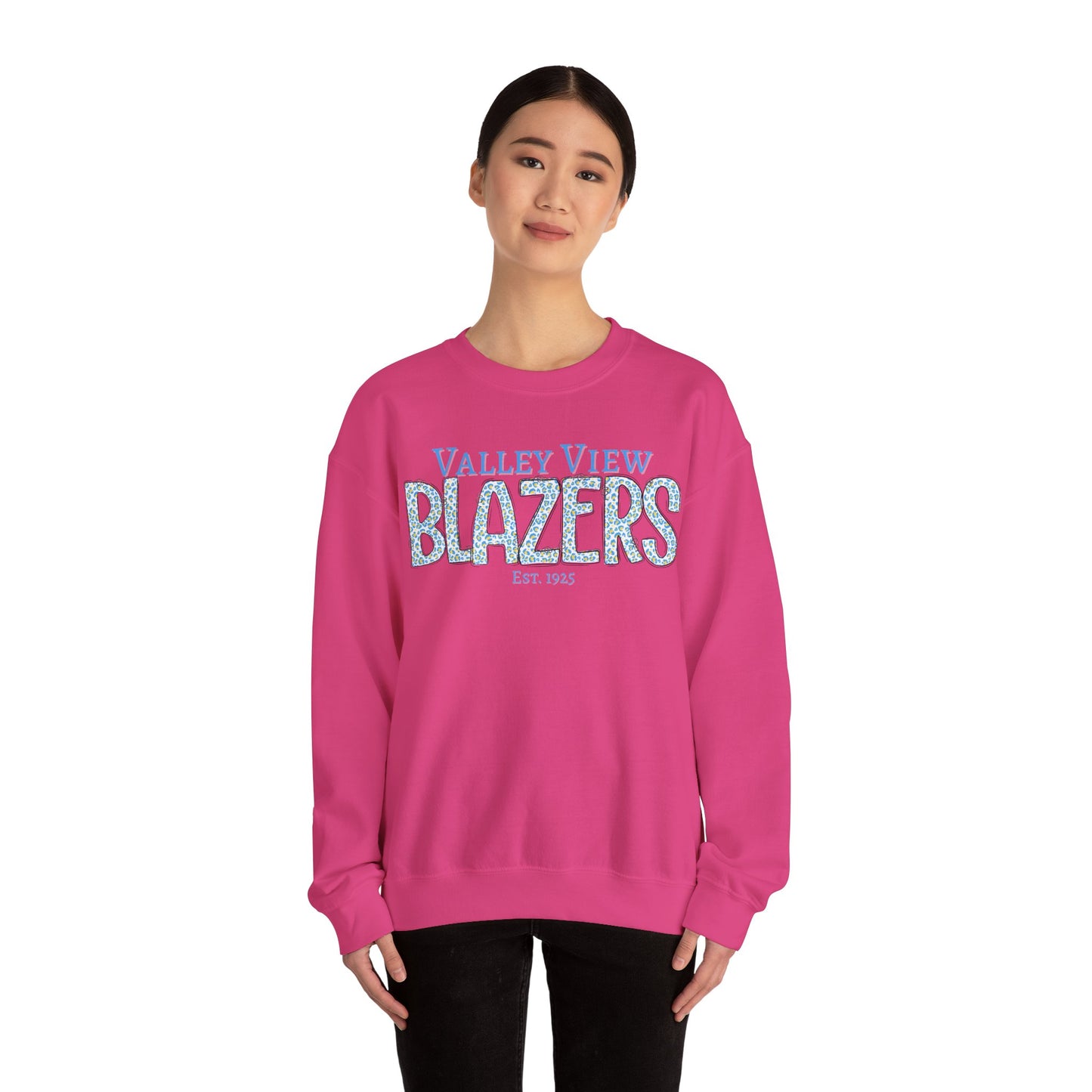Valley View Blazers Crewneck Sweatshirt. Classic Blue Leopard
