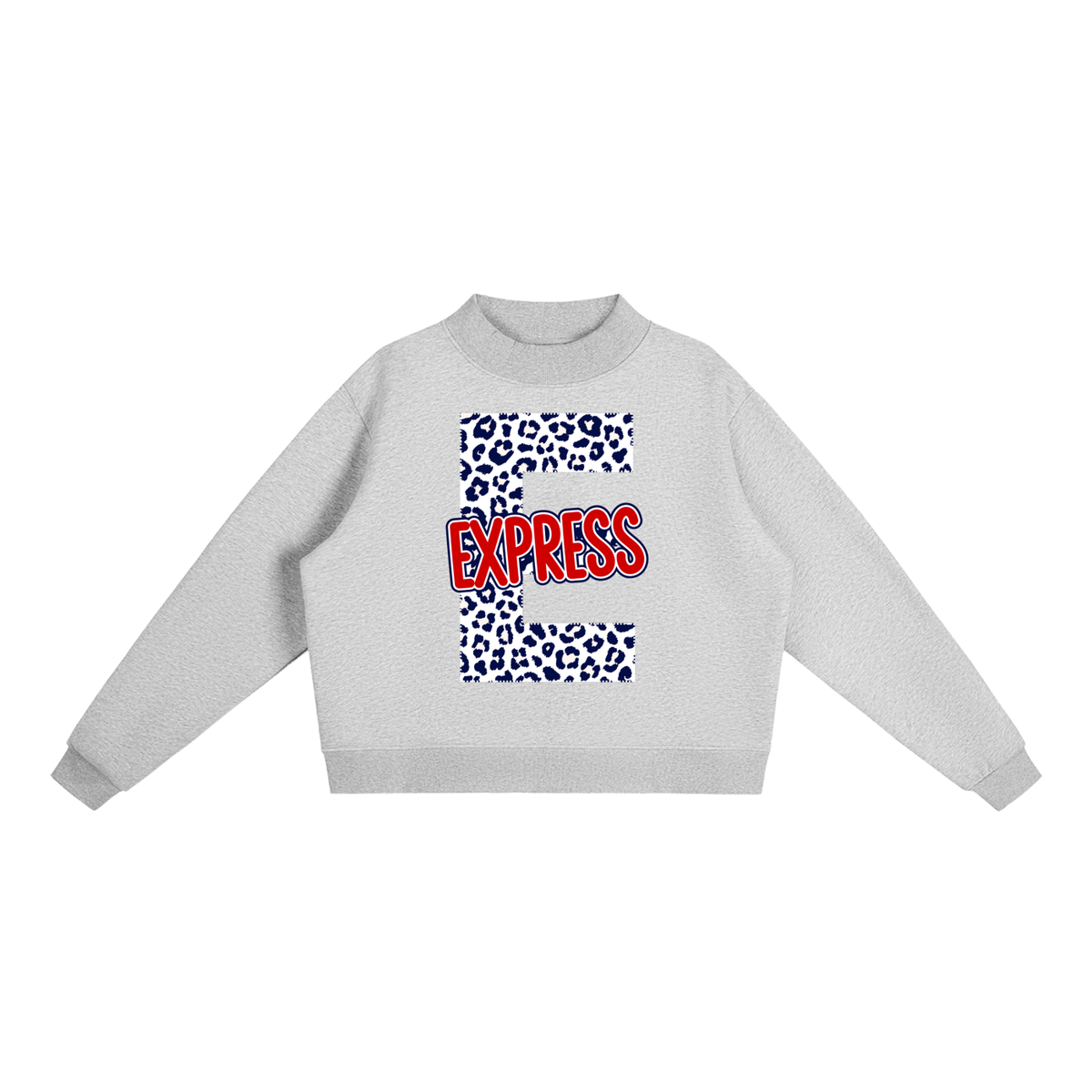 Express Baseabll. "E" Leopard Fleece Mock-Neck Crew Sweatshirt