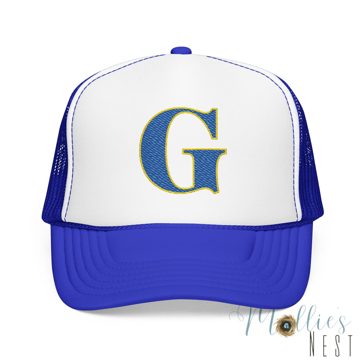 Embroidered Blue & Gold 'G' Trucker Hat — Monogram Letter Foam Cap - Gosnell