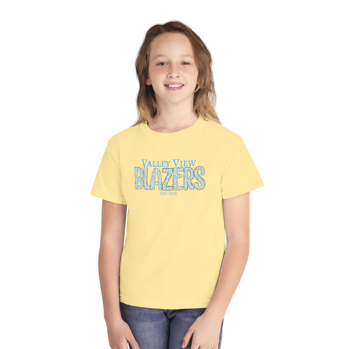 Valley View Blazers Youth Midweight Tee. Blue Leopard Letters