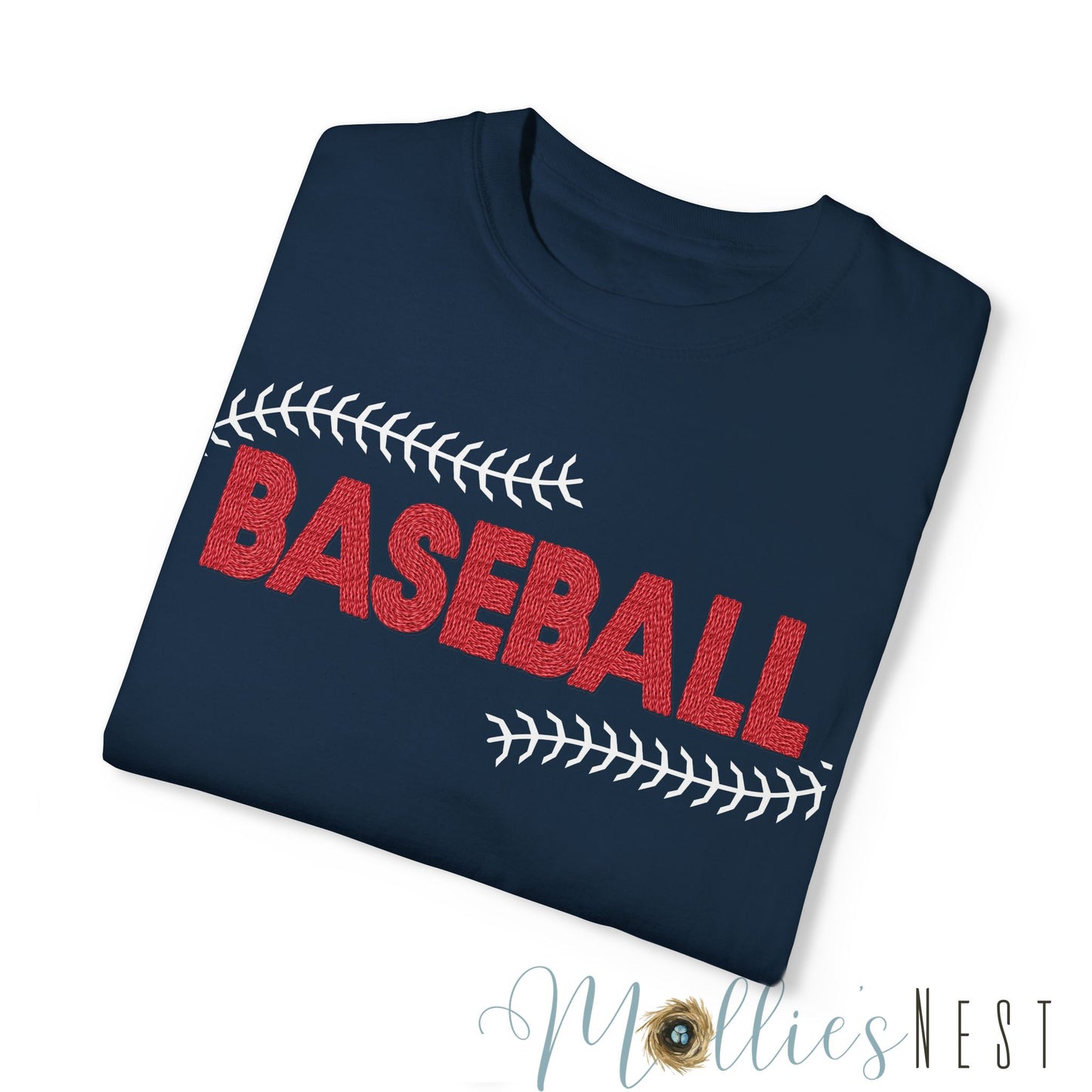 Unisex Garment-Dyed T-shirt. Faux Embroidery Baseball