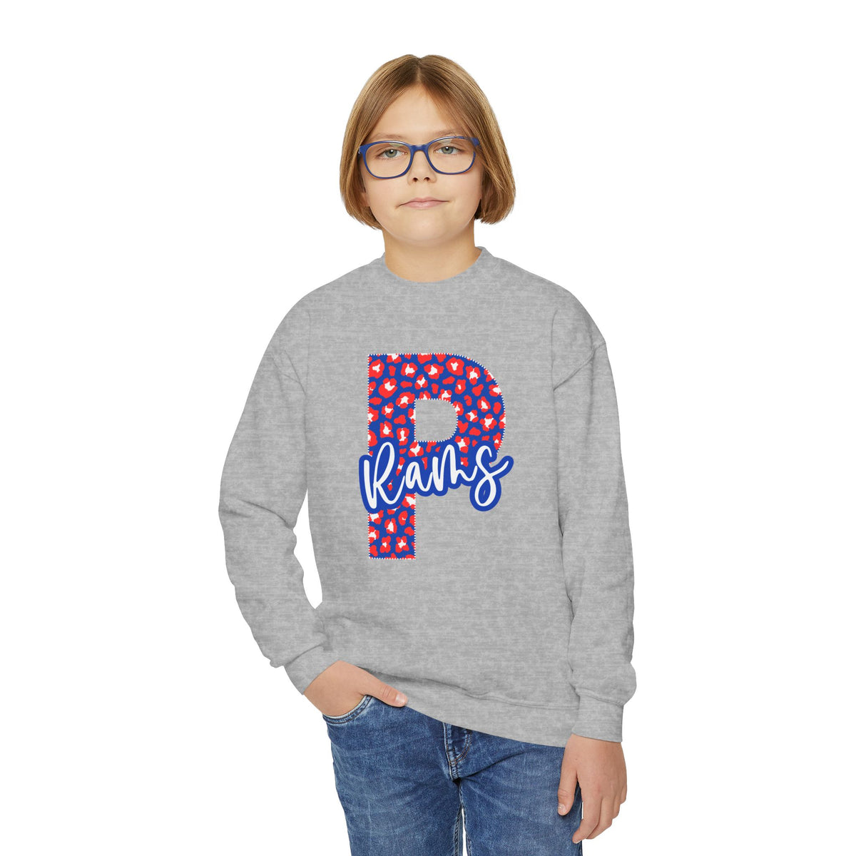 Youth Paragould Rams. Leopard "P" Crewneck Sweatshirt