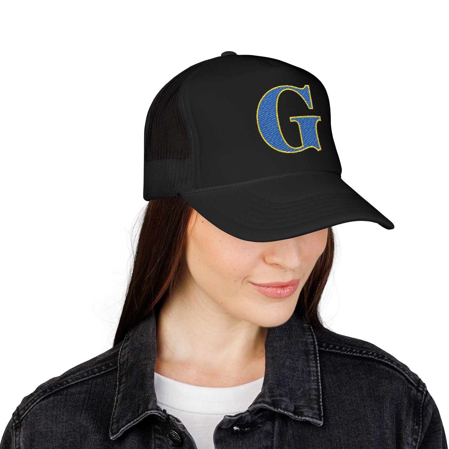 Embroidered Blue & Gold 'G' Trucker Hat — Monogram Letter Foam Cap - Gosnell