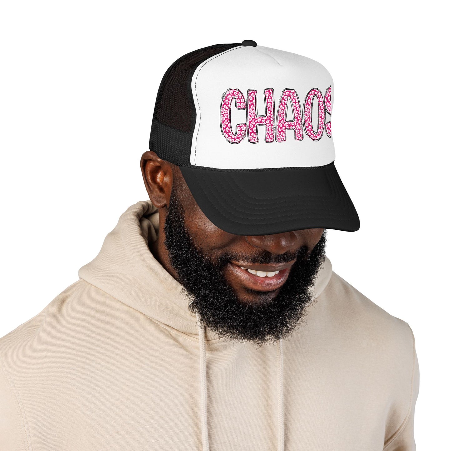 CHAOS Foam Trucker Hat — Pink Leopard Print Lettering Cap