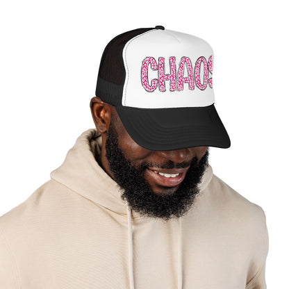 CHAOS Foam Trucker Hat — Pink Leopard Print Lettering Cap