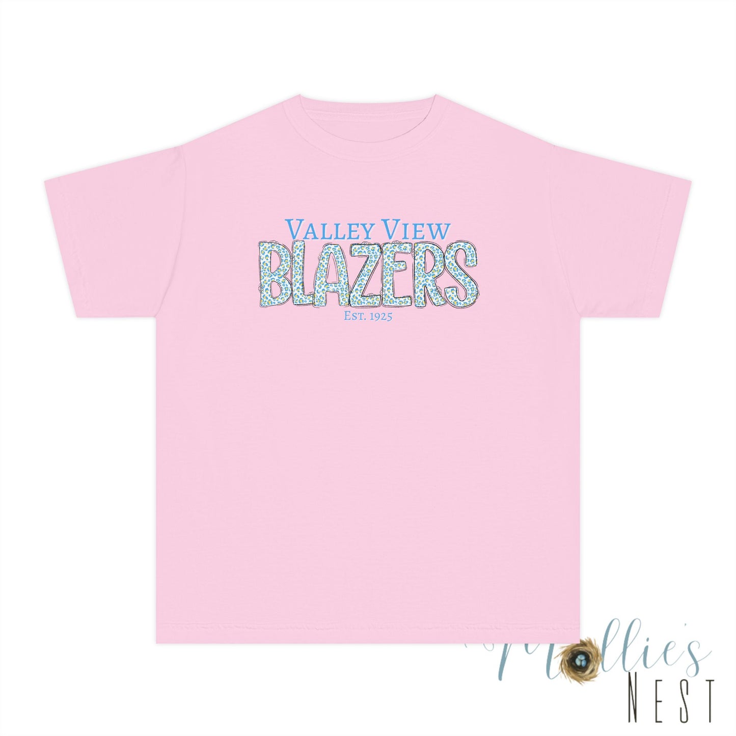 Valley View Blazers Youth Midweight Tee. Blue Leopard Letters