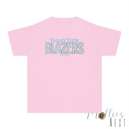 Valley View Blazers Youth Midweight Tee. Blue Leopard Letters