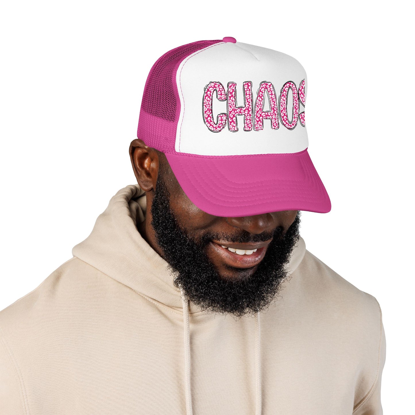 CHAOS Foam Trucker Hat — Pink Leopard Print Lettering Cap