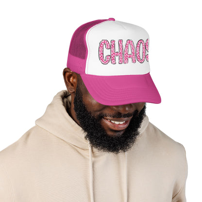 CHAOS Foam Trucker Hat — Pink Leopard Print Lettering Cap