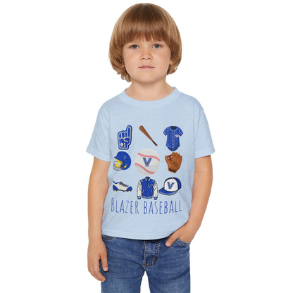 Toddler Baseball Tee — "Blazer Baseball" Team Gear (Blue Helmet, Glove & Bat). Valley View Baseball