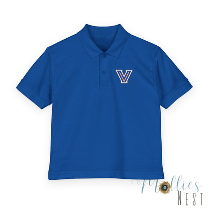 YOUTH. Valley View Polo Shirt with Gold & Blue 'V' LOGO - School Spirit DryBlend® - Printed (NOT EMBROIDERED)