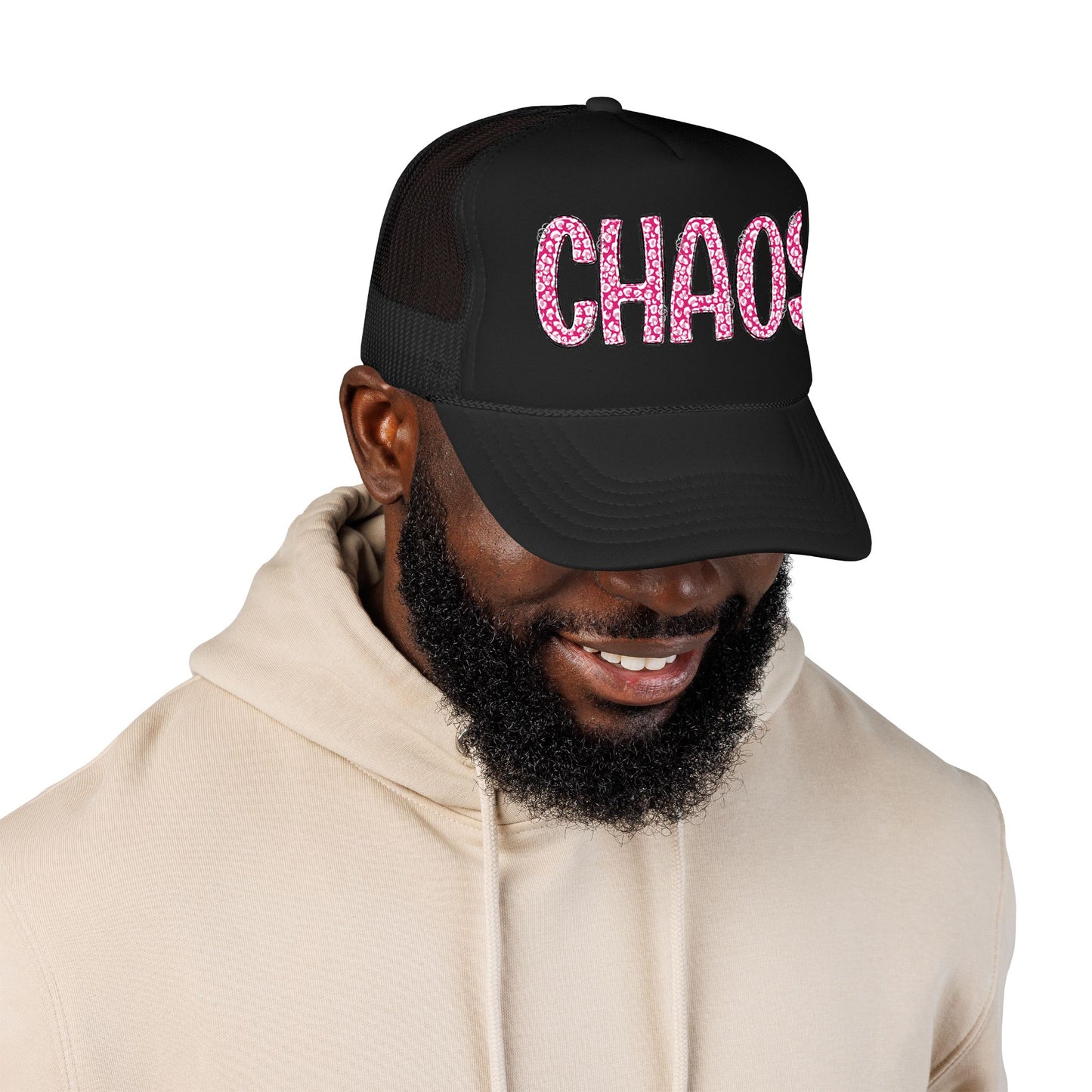 CHAOS Foam Trucker Hat — Pink Leopard Print Lettering Cap
