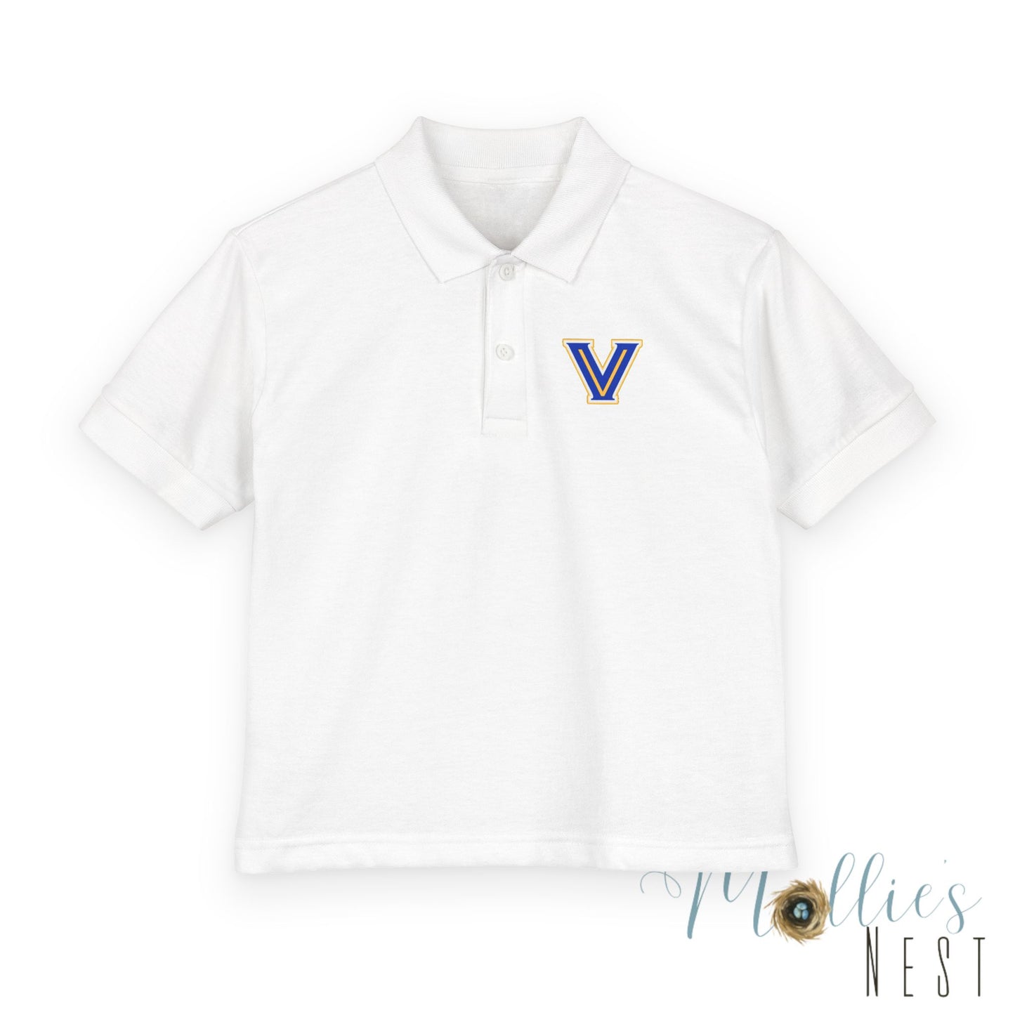 YOUTH. Valley View Polo Shirt with Gold & Blue 'V' LOGO - School Spirit DryBlend® - Printed (NOT EMBROIDERED)