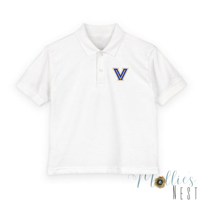 YOUTH. Valley View Polo Shirt with Gold & Blue 'V' LOGO - School Spirit DryBlend® - Printed (NOT EMBROIDERED)