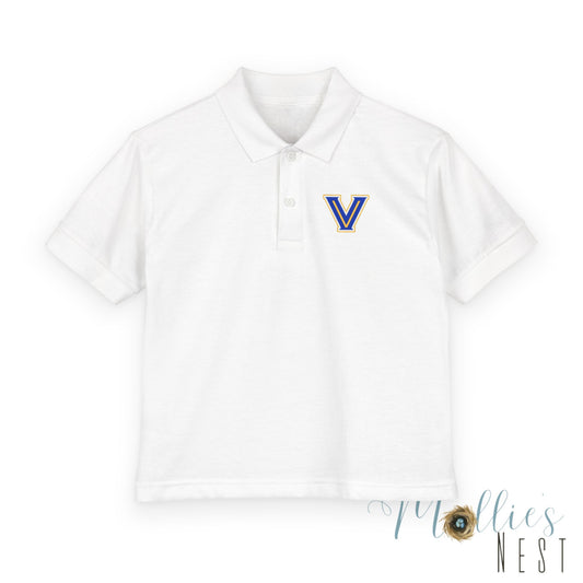 YOUTH. Valley View Polo Shirt with Gold & Blue 'V' LOGO - School Spirit DryBlend® - Printed (NOT EMBROIDERED)