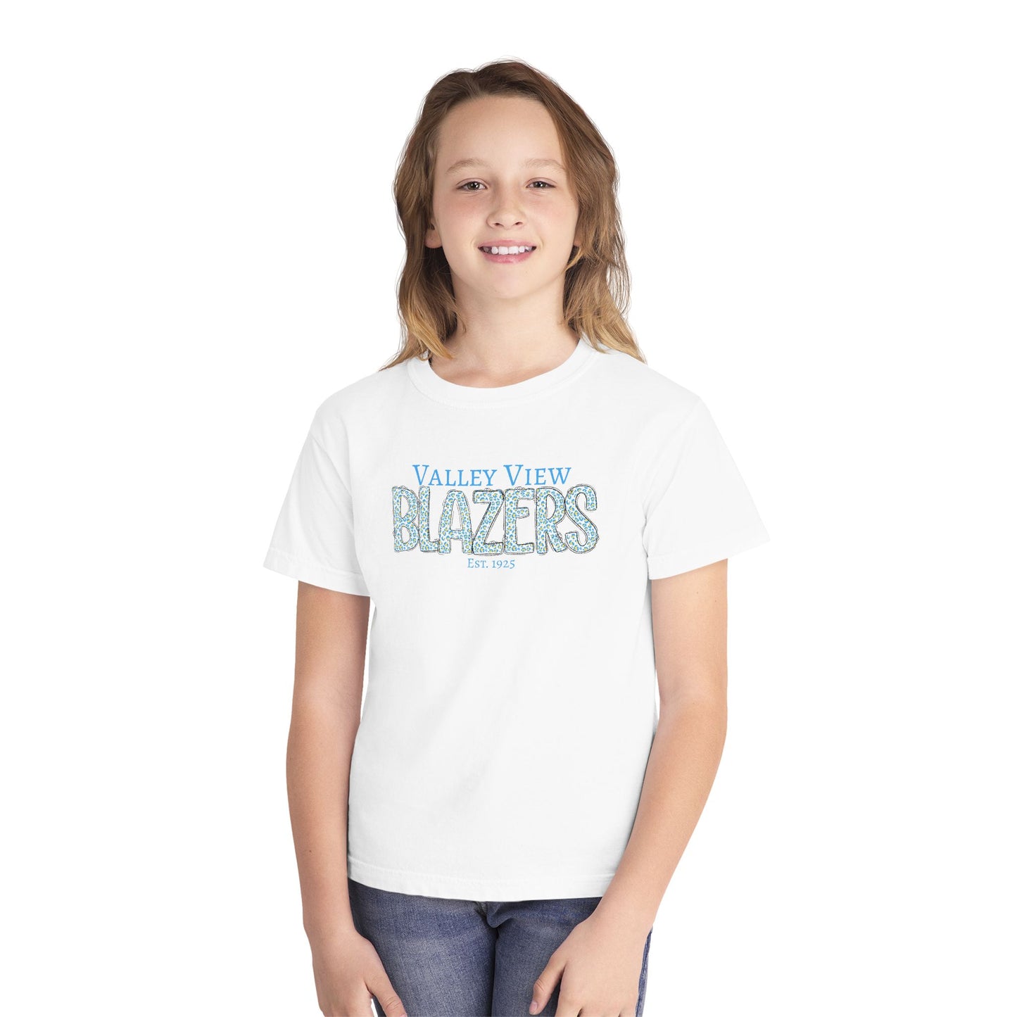 Valley View Blazers Youth Midweight Tee. Blue Leopard Letters