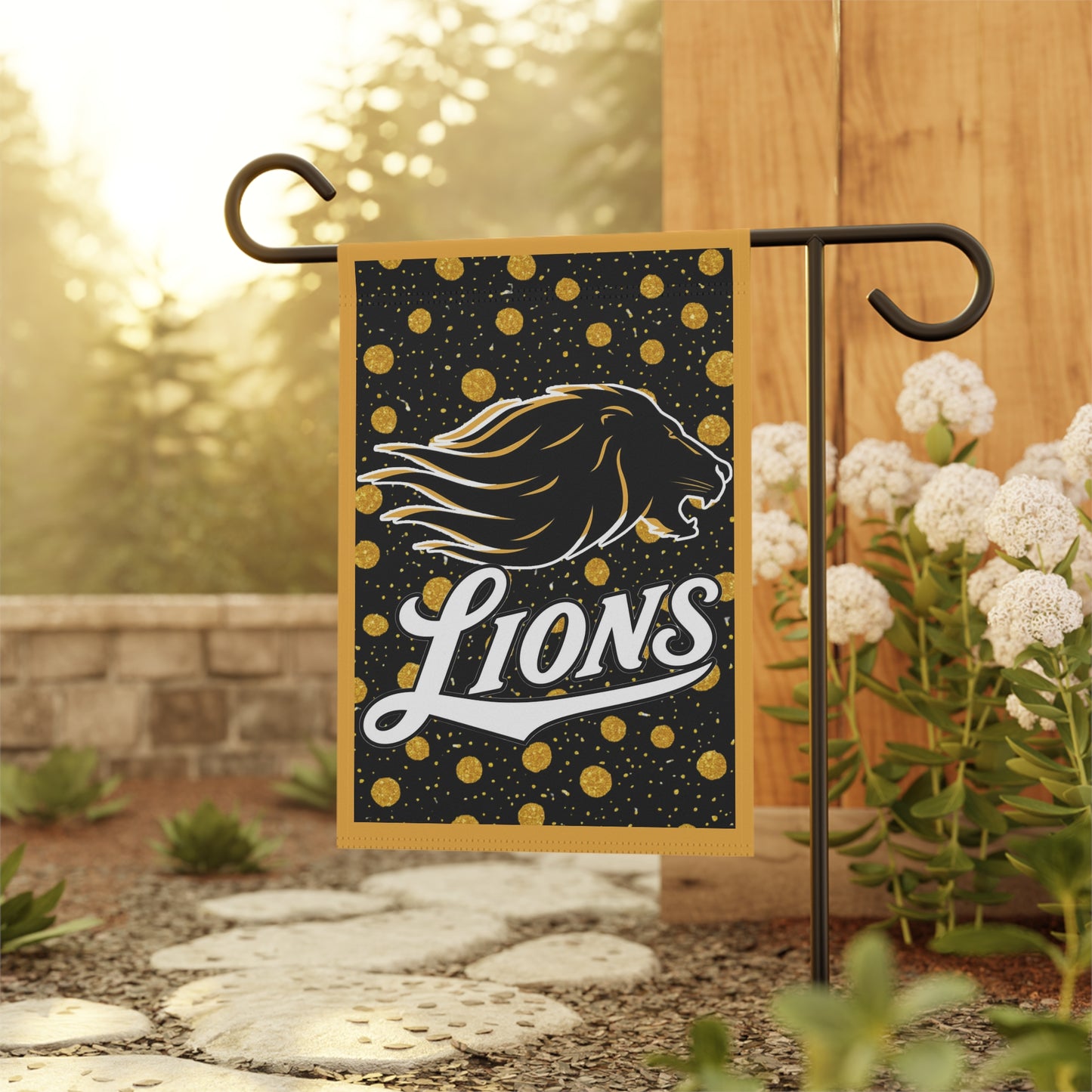 Manila Lions Garden Flag — Gold Polka Dot Lion House Banner