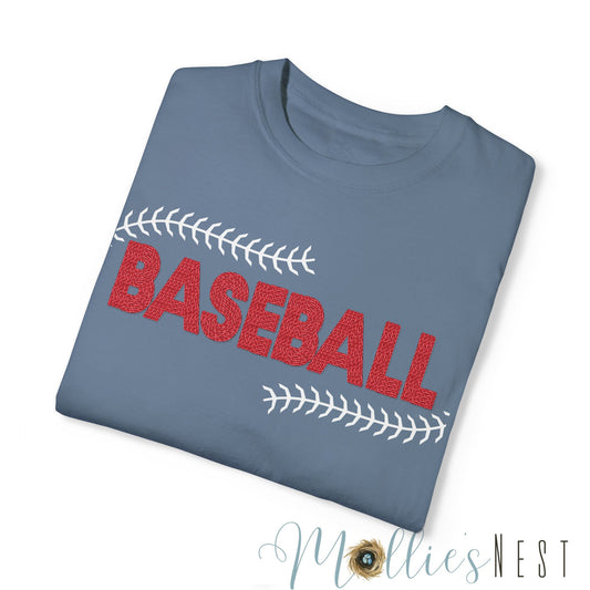 Unisex Garment-Dyed T-shirt. Faux Embroidery Baseball