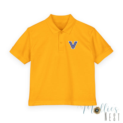 YOUTH. Valley View Polo Shirt with Gold & Blue 'V' LOGO - School Spirit DryBlend® - Printed (NOT EMBROIDERED)