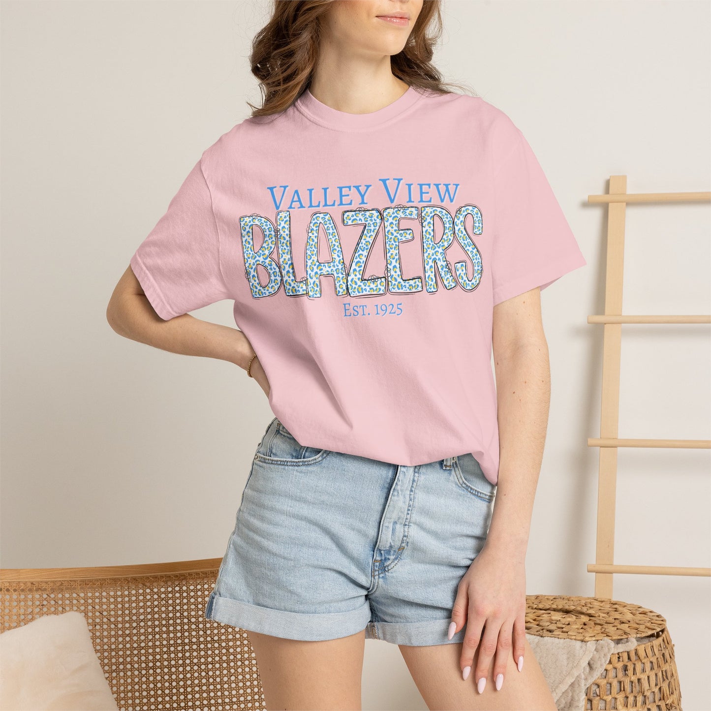 Blazers Blue Leopard Letters — 'Valley View Blazers' Comfort Colors T-Shirt