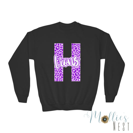 Youth Hamburg Lions Crewneck Sweatshirt – Purple Leopard Initial H with “Lions” Design