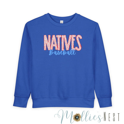 Natives Baseball Toddler Sweatshirt, Cute Kids Gift, Baseball Fan Apparel, Playful Toddler Gear, Sporty Children’s Clothing