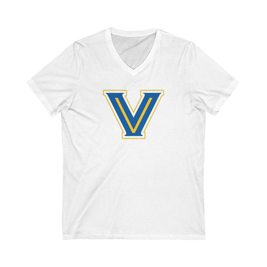 Valley View V Logo. Unisex Jersey Short Sleeve V-Neck Tee