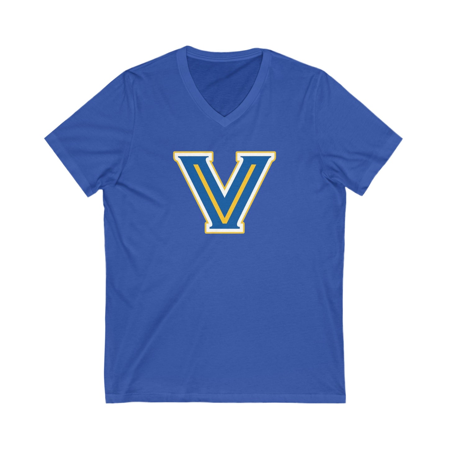 Valley View V Logo. Unisex Jersey Short Sleeve V-Neck Tee