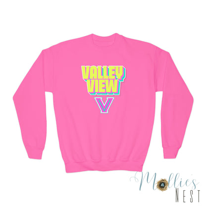 Youth Crewneck Sweatshirt – Valley View V Neon. Graphic