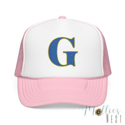 Embroidered Blue & Gold 'G' Trucker Hat — Monogram Letter Foam Cap - Gosnell