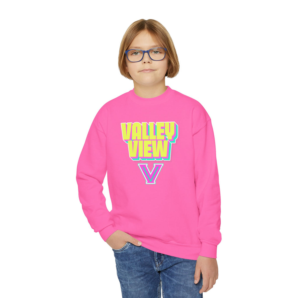 Youth Crewneck Sweatshirt – Valley View V Neon. Graphic