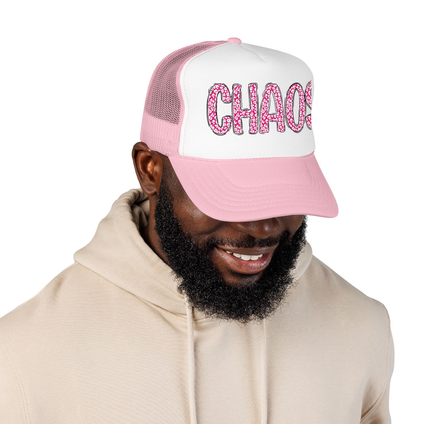 CHAOS Foam Trucker Hat — Pink Leopard Print Lettering Cap