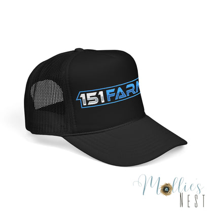 151 Farms Trucker Hat — Embroidered Blue Logo Foam Cap