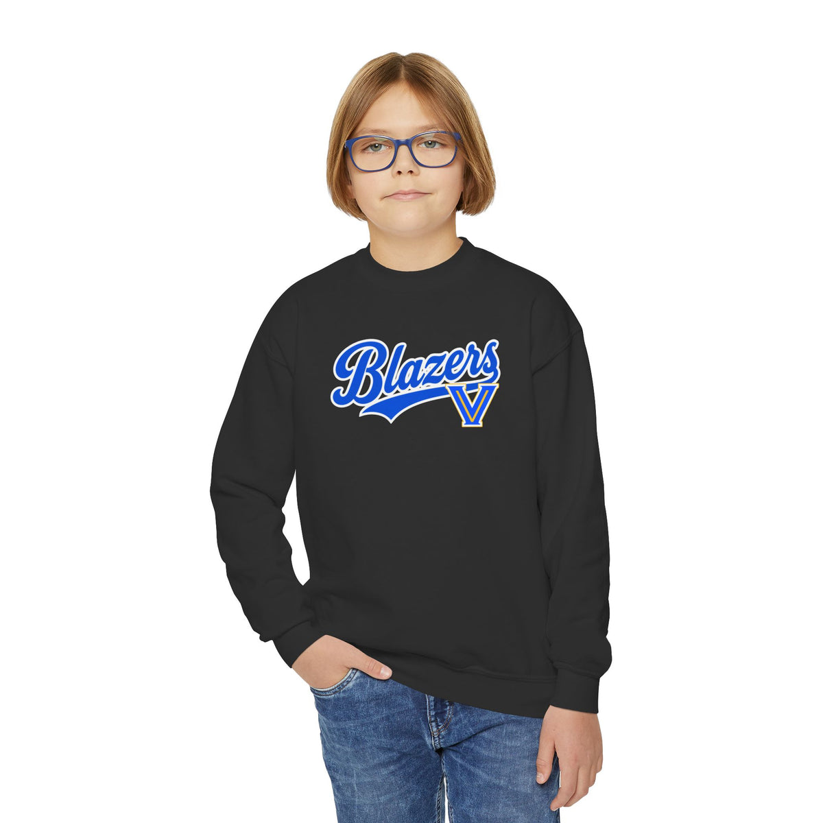 Blazers Youth Crewneck Sweatshirt – Retro Script Team Logo in Royal Blue
