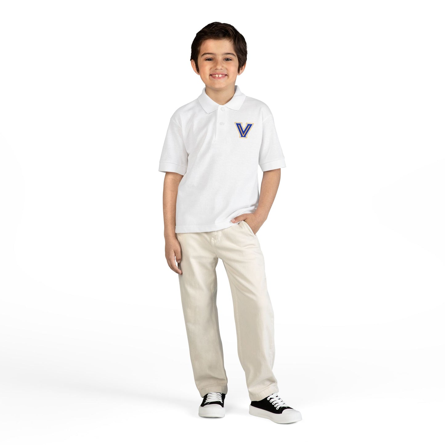 YOUTH. Valley View Polo Shirt with Gold & Blue 'V' LOGO - School Spirit DryBlend® - Printed (NOT EMBROIDERED)