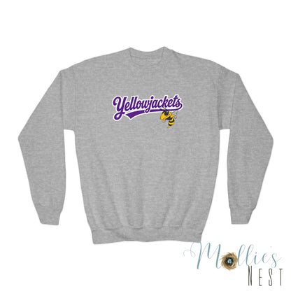 Youth Crewneck Sweatshirt - "Yellowjackets" Script Logo with Mascot (School Spirit Apparel)