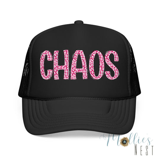 CHAOS Foam Trucker Hat — Pink Leopard Print Lettering Cap